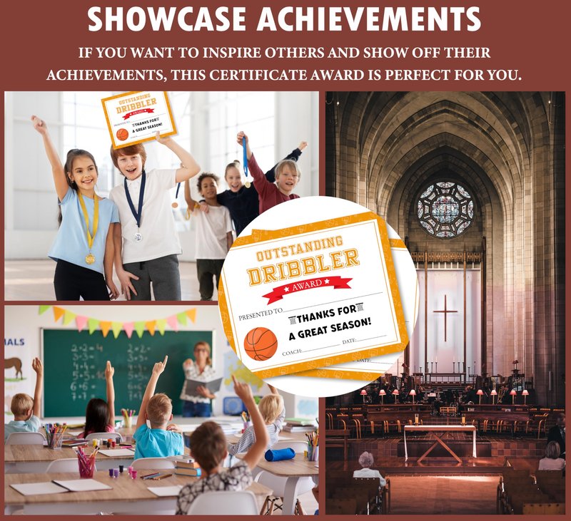 Certificate of Award, 25 Pcs Sports Achievement Certificates for Kids Students, Outstanding Dribbler Awards, Basketball Certificate Favors & Supplies -08