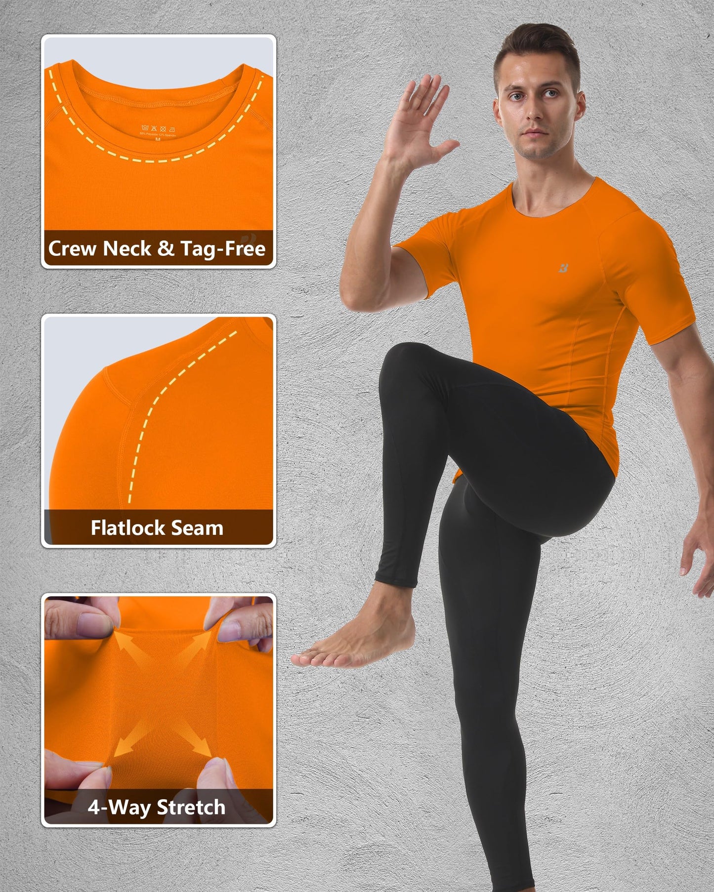 Roadbox Men's Compression Shirt Short Sleeve, Cool Dry Athletic Football Base Layer Tops, Sports Running Workout T Shirts Orange