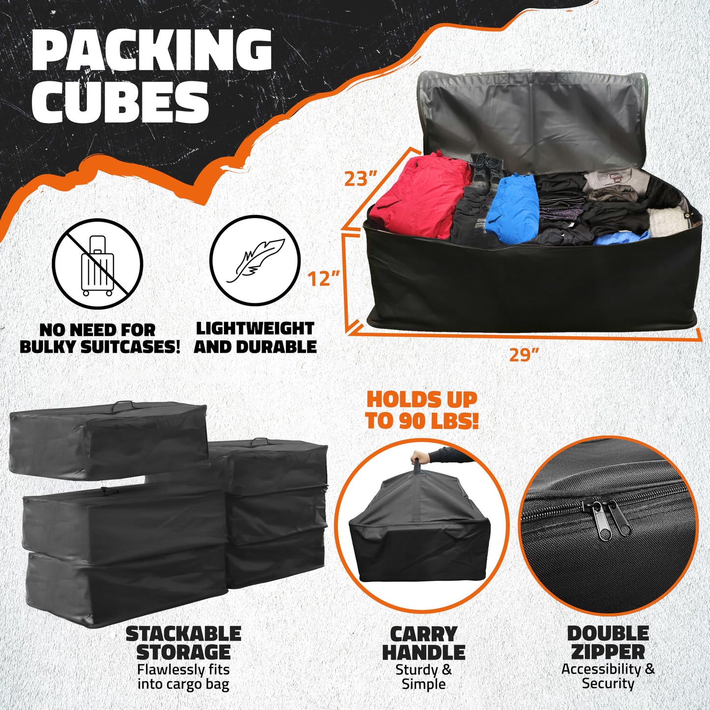 Mockins 60"x24"x6" Heavy Duty Trailer Hitch Cargo Carrier with 30 Cu Ft Waterproof Cargo Bag for Hitch Carrier & 6 Packing Cubes | 500 Lbs. Capacity Folding Luggage Rack for SUV, Car, Truck, & RV