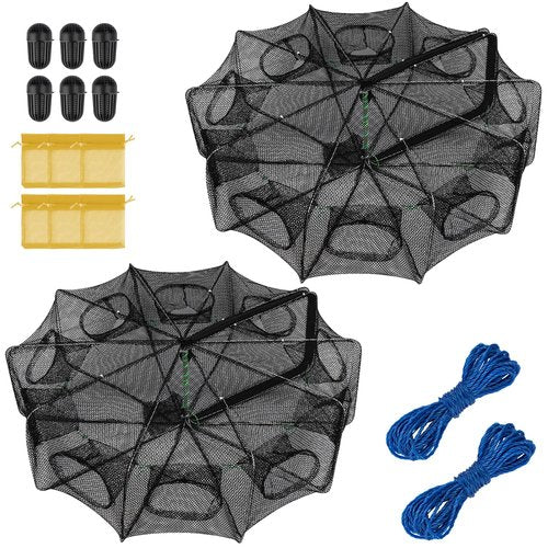 QualyQualy Fishing Bait Trap Crab Net Fishing Trap for Minnow/Crab/Shrimp/Crawdad with Rope, 6/8/10 Holes Large Space Fishing Net