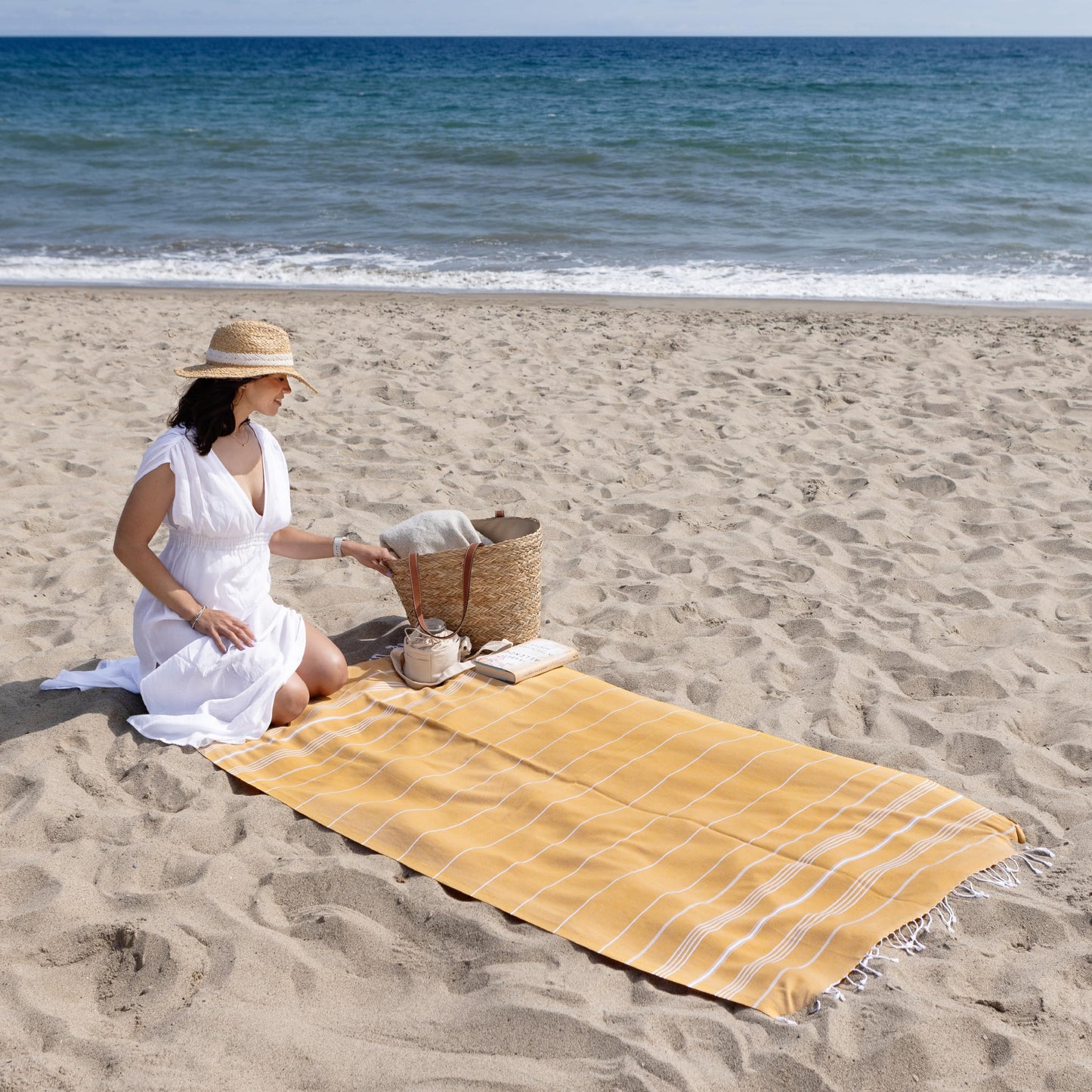WETCAT Turkish Beach Towel Oversized (38"x71") 100% Turkish Cotton, Made in Turkey - Sand Free, Extra Large, Ultra Soft, Quick Drying, Compact & Lightweight for Travel - Honey Gold