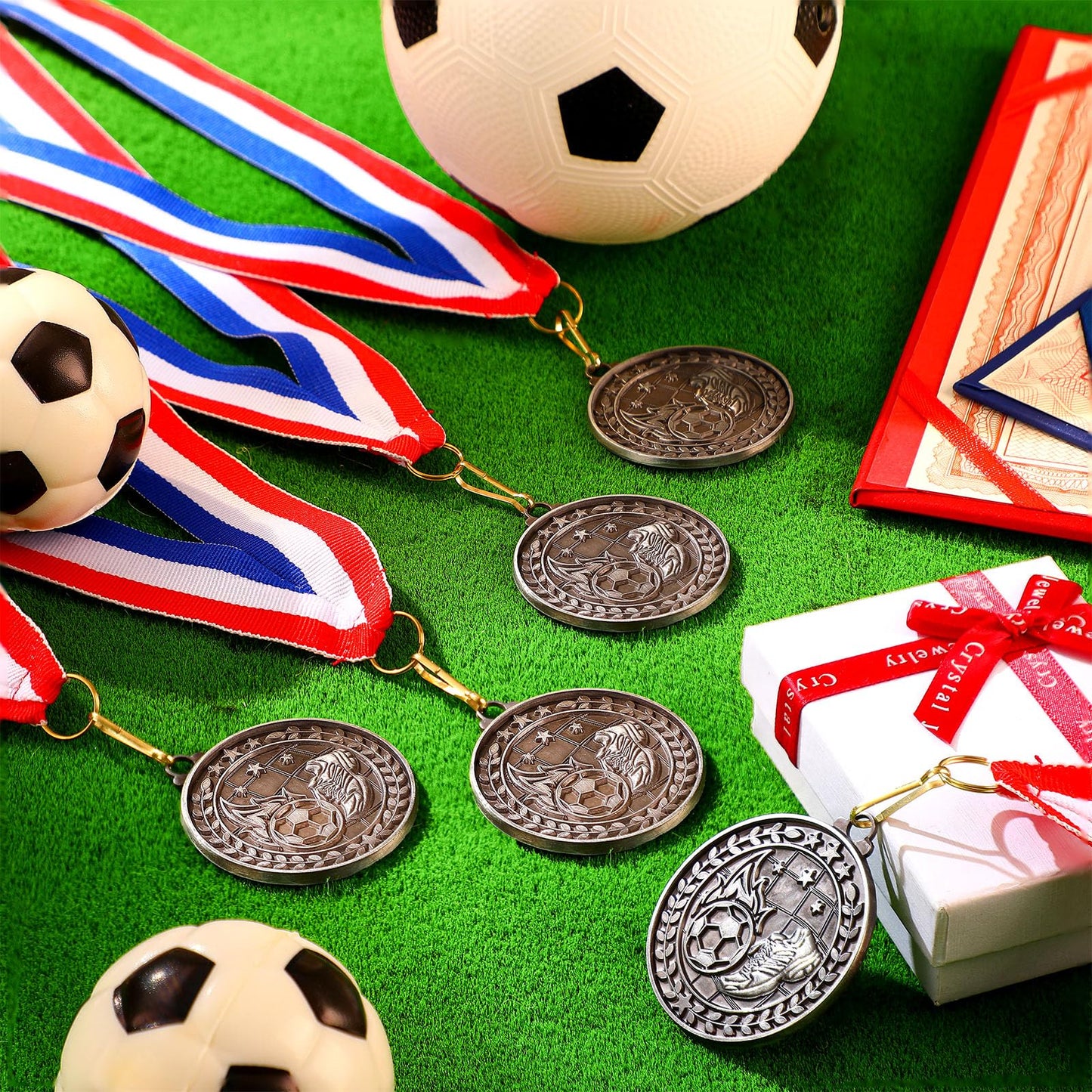 Remuuly 30 Pcs Silver Medals Bulk 2'' Basketball Soccer Volleyball Hockey Medals for Awards Metal Trophy with Neck Ribbons for Sports Participation Winner Tournaments Gift(Soccer)