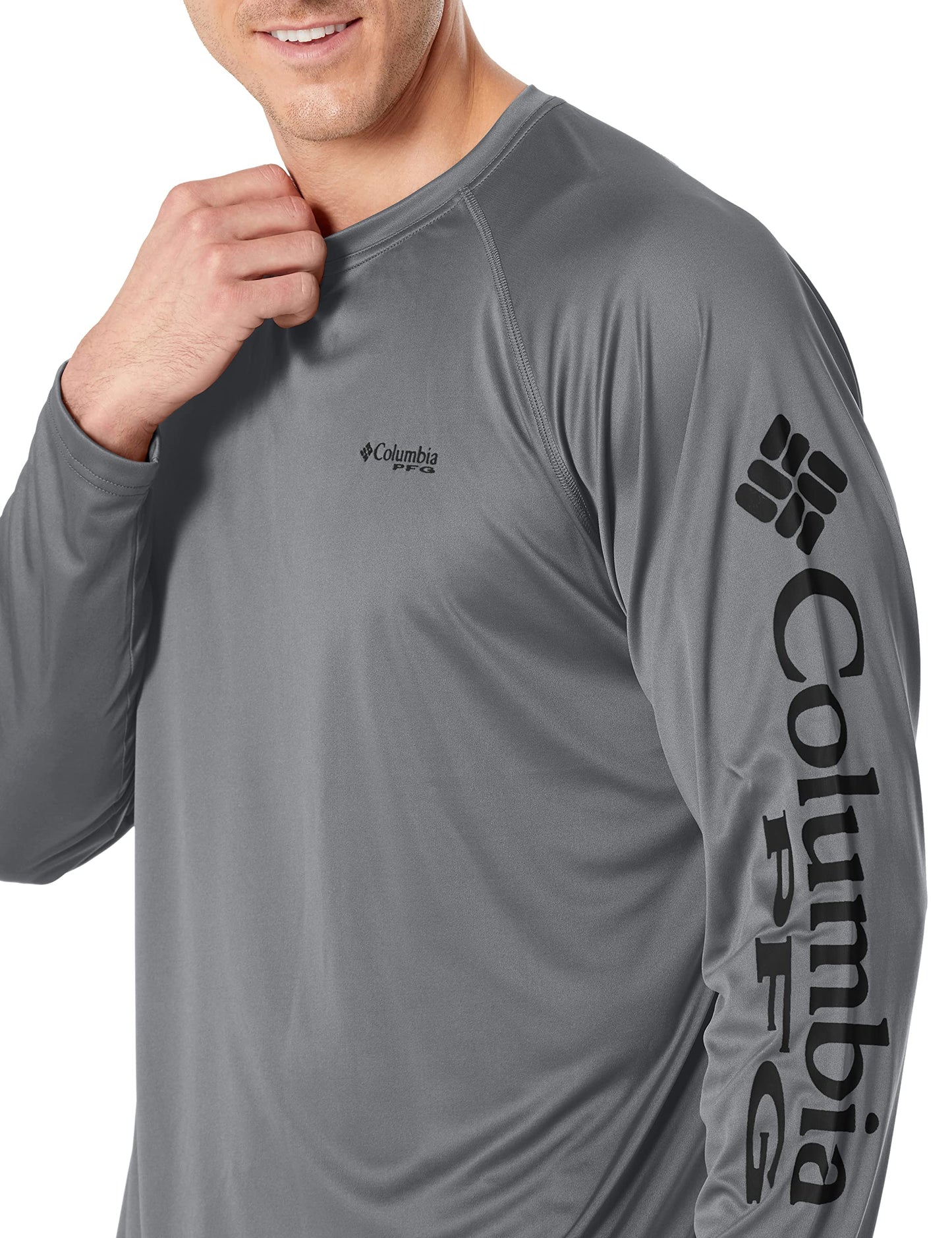 Columbia Men's PFG Terminal Tackle Long Sleeve Fishing Shirt, City Grey/Black Logo, Large Tall