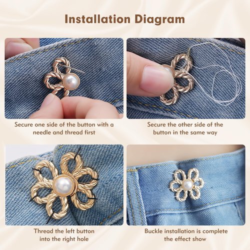 Femeng 8 Sets Pant Waist Tightener, Flower Adjustable Waist Tightener for Pants Women with Sewing Kit, Detachable Decorative Pants Clips for Waist, Jean Buttons Pins for Loose Jeans, Pants, Skirts