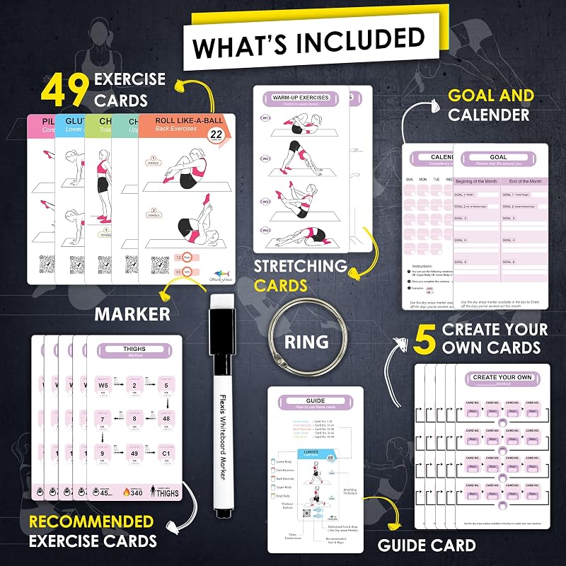 Pilates Workout Cards Set – 58 Mat Pilates Exercises with Video, Dry-Erase Marker & Color-Coded Routines