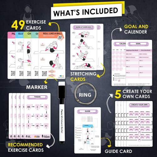 Flexies Pilates Workout Cards - 58 Exercise Cards with Pilates Mat Workout Postures, Video Instructions & Breathing Tips | Free Ring & Dry-Erase Marker to Create at home pilates womens workout planner