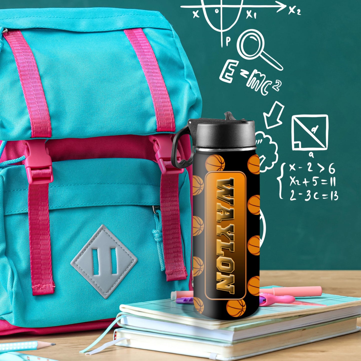 Custom Water Cup Basketball Print, Personalized Insulated Water Bottle with Name, 18oz Leak-proof Stainless Steel Water Cup, Boys Girls Birthday Back to School Gift