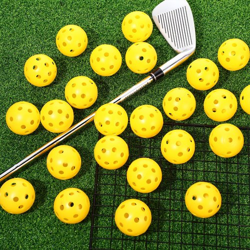 Lunmon 24 Pack Practice Golf Balls 42 mm Limited Flight Plastic Golf Training Airflow Hollow Ball for Driving Range Swing Practice Backyard Indoor Outdoor Home (Yellow)