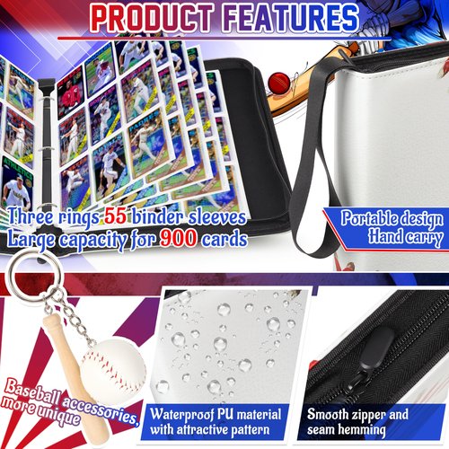 ZAIONE 9-Pocket Baseball Card Binder: Large 900 Pockets Collectible Trading Cards Album for Baseball Fans - Zippered PU Sports Card Holder Binder for 2025 Design Gift