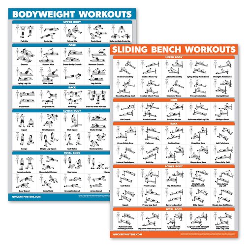 QuickFit 2 Pack - Sliding Bench Workouts & Bodyweight Exercise Poster Set - Compatible with Total Gym & Weider Ultimate Body Works (Laminated, 18" x 27")