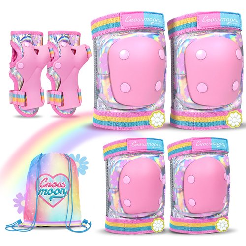 Kids Knee Pads Elbow Pads Wrist Guards Set with Carry Bag Included, Protective Gear Set for Girls Boys Roller Skating Bike Cycling Skateboard Scooter (Floral, Medium (6-12years))