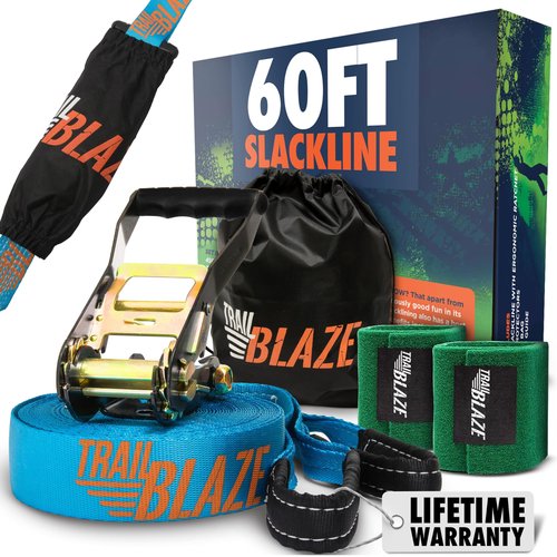 Complete Ninja Slackline Kit - 60ft Long Slack Line for Backyard for Kids & Adults with Ratchet Straps, Wider Tree Protectors - Slackline Kit for Ninja Warrior Obstacle Course for Kids Outdoor Playset