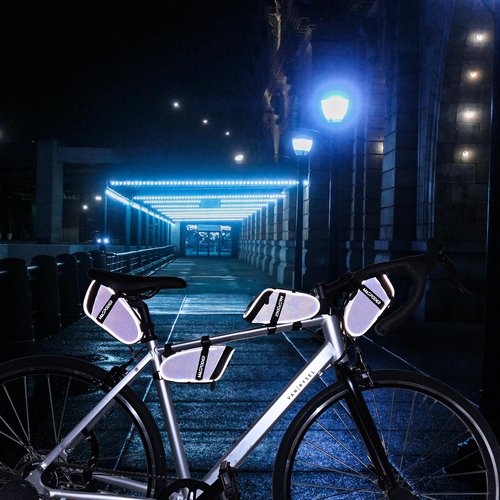 MASPODER 4 in 1 Bike Bag for Frame Handlebar Saddle Top Tube, 360 Reflective Waterproof Fabric Phone Holder Mount Pouch Bicycle Accessories for Adult Bikes Road Mountain MTB Gravel City Pocket ebike