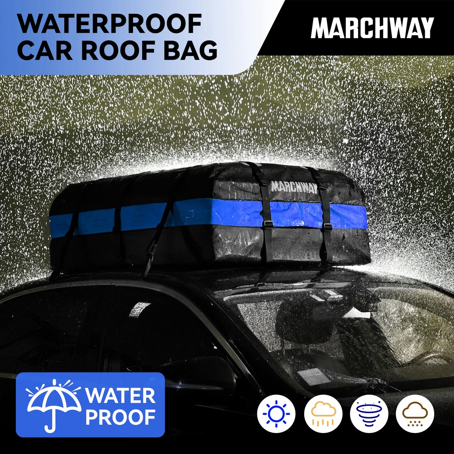 MARCHWAY Waterproof Car Roof Luggage Bag, Weatherproof Soft Shell Rooftop Cargo Carrier Bag for Vehicles with or Without Rack. 6 Door Hooks, Anti Slip Mat, Lock Included (21 Cubic Feet, Blue)