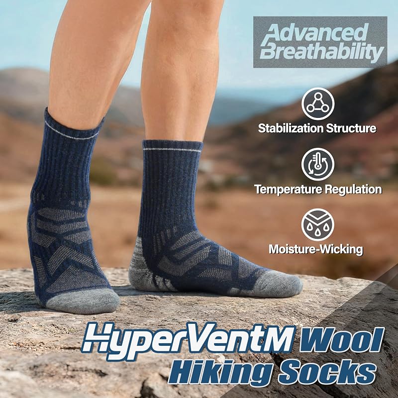ANTsang Merino Wool Hiking Socks, Enhanced Breathability 5-Pair Set - Blue/Gray/Black, Large