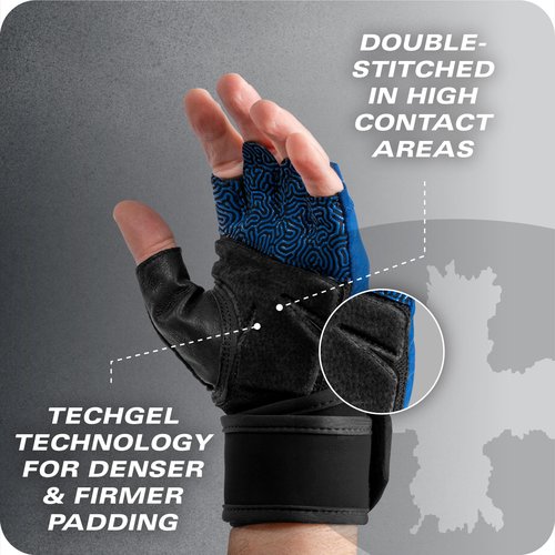 Harbinger Training Grip Wrist Wrap Gloves - Enhanced Grip & Wrist Support, Breathable Lycra Back, Padded Leather Palm, Half-Finger Design, Quick Pull Tabs, Ideal for Weightlifting, Blue, X-Large