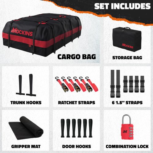 Mockins 45 Cu.Ft. XL Waterproof Rooftop Cargo Bag | 75"x48"x22" Heavy Duty Rooftop Cargo Carrier for Use with or w/o Roof Rack | Car Roof Bag Set Includes Top of Car Storage Mat, Lock, Hooks & Straps