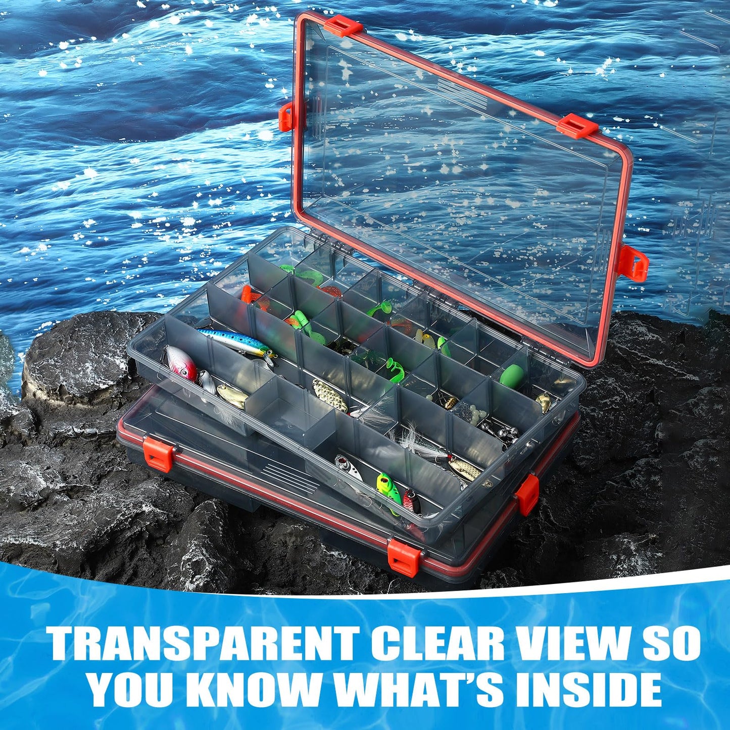 Wonderjune 6 Pack Fishing Tackle Boxes Waterproof 3600 and 3700 Tackle Trays with Removable Dividers Plastic Storage Organizer Bait Vault Camouflage Box for Freshwater Saltwater (Orange,3700)