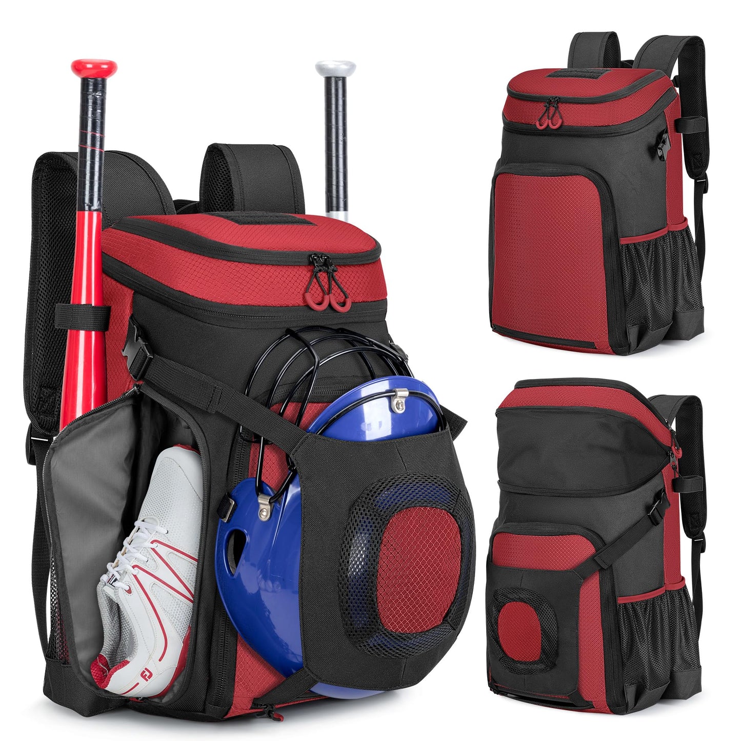 Smasrob Baseball Bag for Adult and Youth, Baseball Backpack Softball Bag with Helmet Holder, Shoe Compartment and Fence Hook, Red