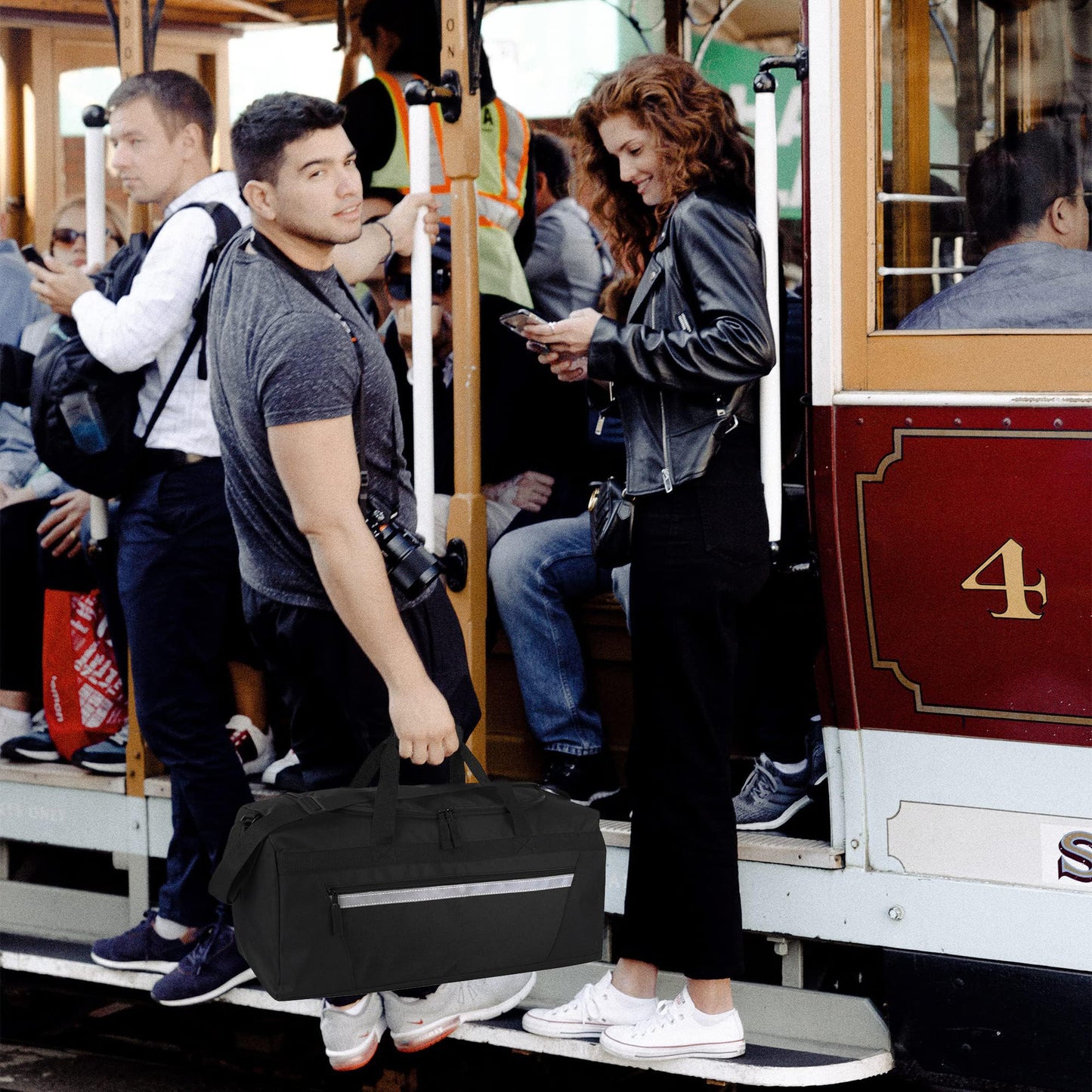 40 Liter, 22 Inch Reflective Duffle Bag with Shoulder Strap for Men, Women, Travel (Black)