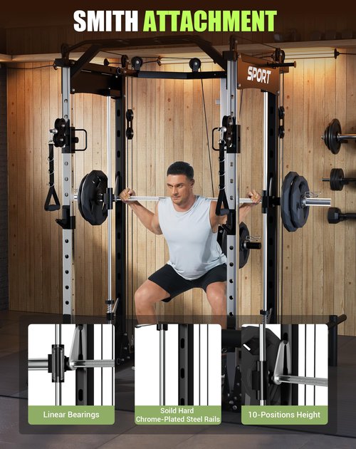 OutdoorVibe Smith Machine for Home Gym, 2200LBS Capacity Heavy Duty Power Cage with Cable Crossover System, All-in-One Home Gym System with Weight Storage & Multi-Functional Training Stations