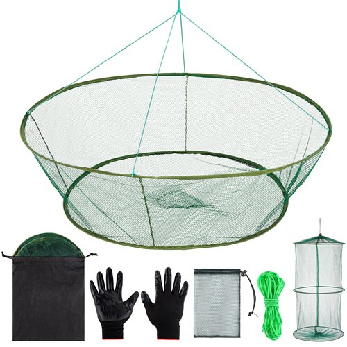 Aodaer 6 Pieces Foldable Drop Net 31.5 Inches Fishing Net Trap with Fish Keeping Net Bait Bag Rope Gloves Hand Casting Cage Crab Net Fishing Mesh Trap for Minnows, Crab, Lobsters, Fishes