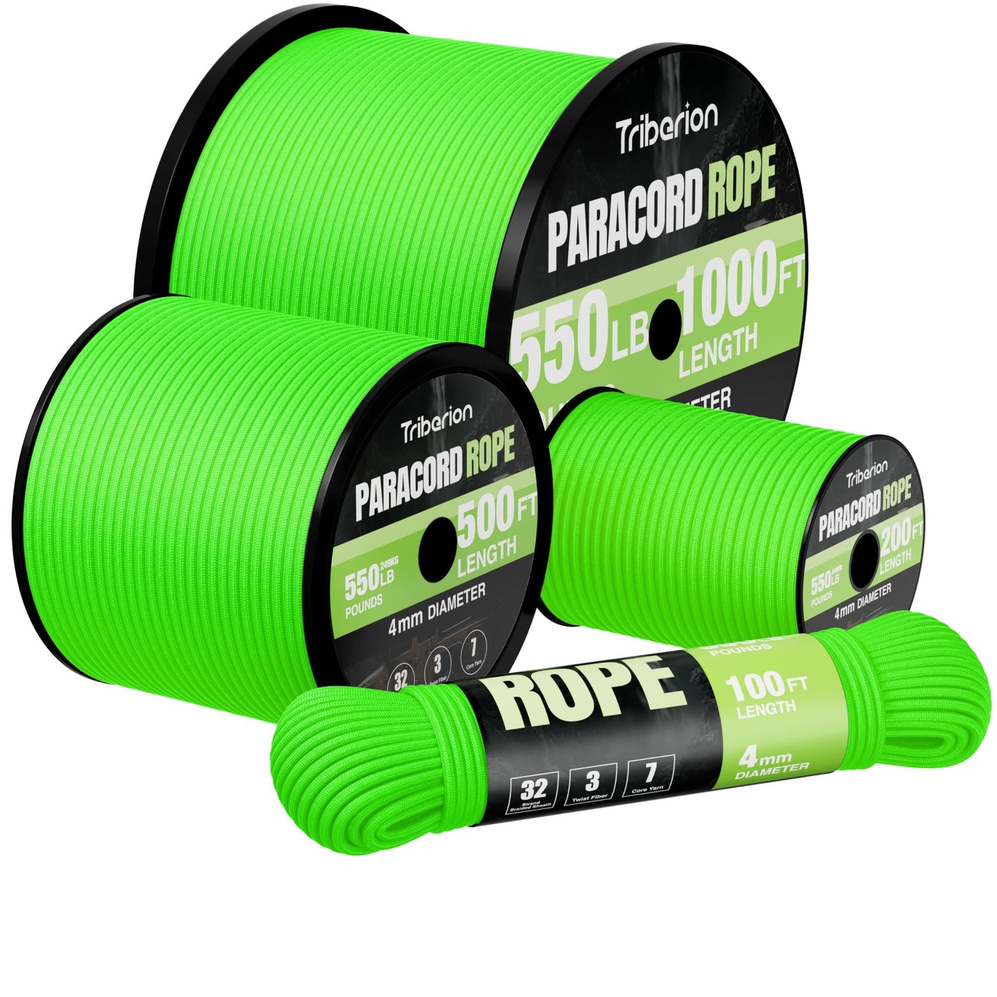 Paracord Rope 550 lb - 200ft 5/32" Parachute Cord 4MM 7-Strand para Cord - Heavy Duty Spool String for Survival,Camping Gear, Survival Bracelet, Clothesline - Neon Green