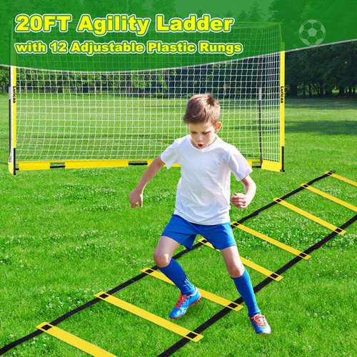 Collapsible Soccer Goal, 12×6 ft Portable Soccer Goal Net for Backyard, Quick Setup Soccer Goals with 1 Carry Bag, 1 Agility Ladder, 4 Ground Nails,12 Training Cones (Yellow)