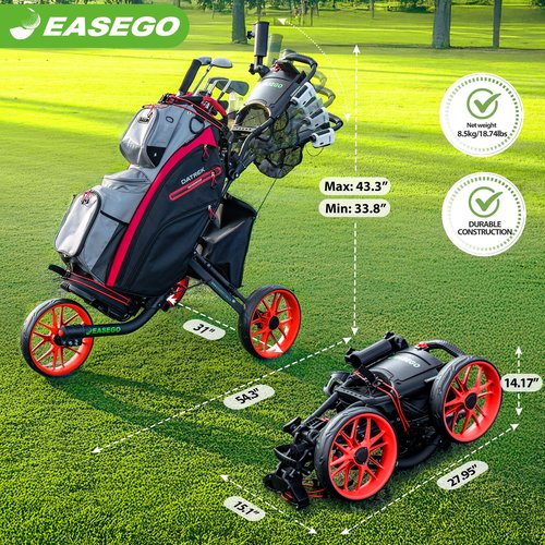 EASEGO Golf Push Cart 3 Wheel : Golf Bag Cart Foldable with Phone Holder/Cup/Umbrella Holder Compact Golf Pull Carts Quick Fold Golf Caddy Push Carts with Large Wheelbase for Different Terrain (red)