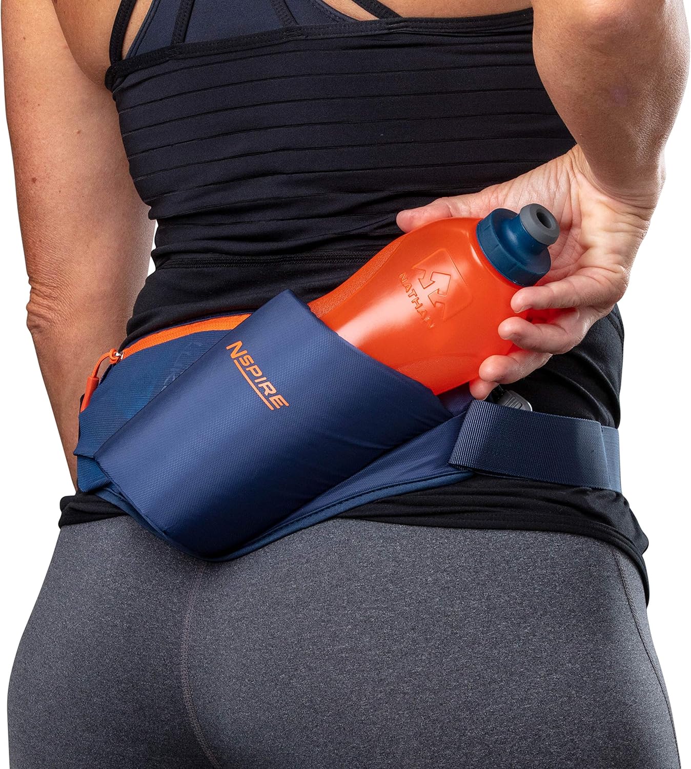 Hydration Waist Pack Bottle with 18oz Flask and Storage Area – Running, Hiking, Walking, Camping, Cycling, True Navy/Tigerlily