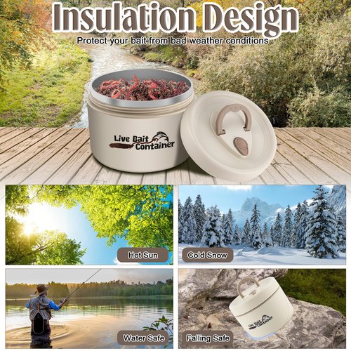 TAZKZZY Fishing Bait Container with Handle, Insulation Design and Breathable Hole, Stainless Steel Live Bait Storage Tank, Worm Container for Nightcrawlers, Keeps Live Bait Fresh and Alive, 600ML