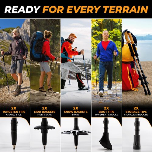 Foxelli Carbon Fiber Trekking Poles – Lightweight Collapsible Hiking Poles with Cork Grips, Lever Locks & All Terrain Accessories