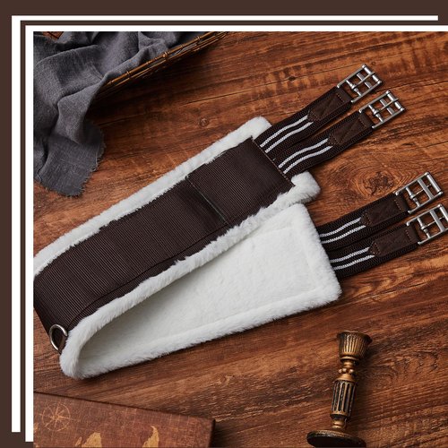 Yeyeplum Brown English Girth for Horses Sizes 44-52 Inch Fleece Padded Dressage Horse Girth for English Saddle, Double Elastic and Stainless Steel Buckles, Horse Competitions Riding(46 Inch)