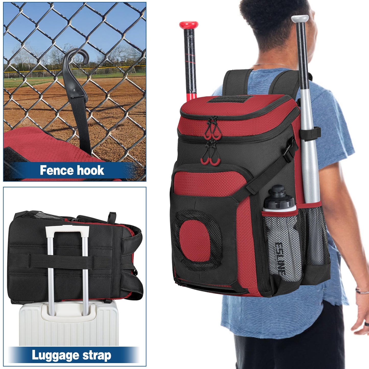 Smasrob Baseball Bag for Adult and Youth, Baseball Backpack Softball Bag with Helmet Holder, Shoe Compartment and Fence Hook, Red