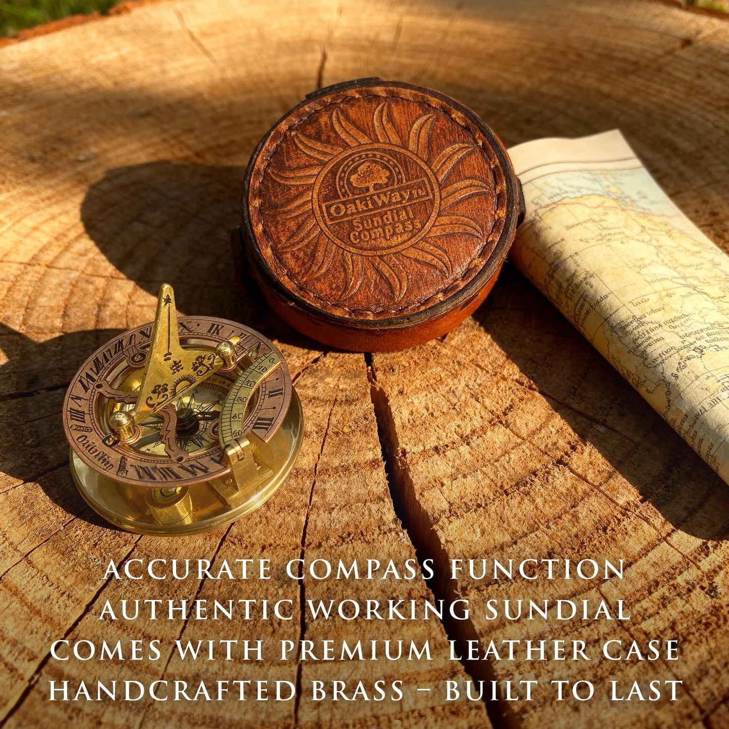 OakiWay Brass Sundial Compass in Leather Case - Nautical Gifts for Men, Antique Sailing Anniversary Gadget for Him, Unusual Unique Nautical Decor, Naval Maritime Pocket Watch Clock (2.7" Inch)