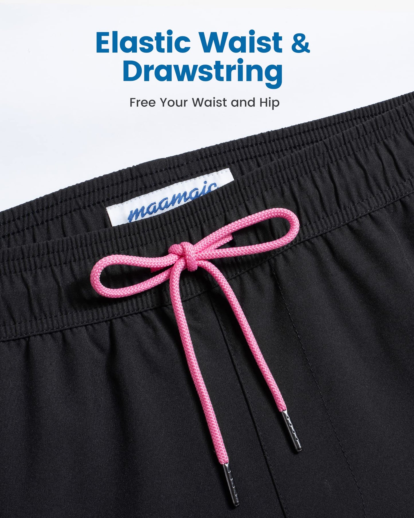 maamgic 5inch Mens Swimming Trunks with Compression Liner 2-in-1 Swim Trunks Stretch Quick Dry Swim Shorts with Zipper Pockets Black and Pink Large