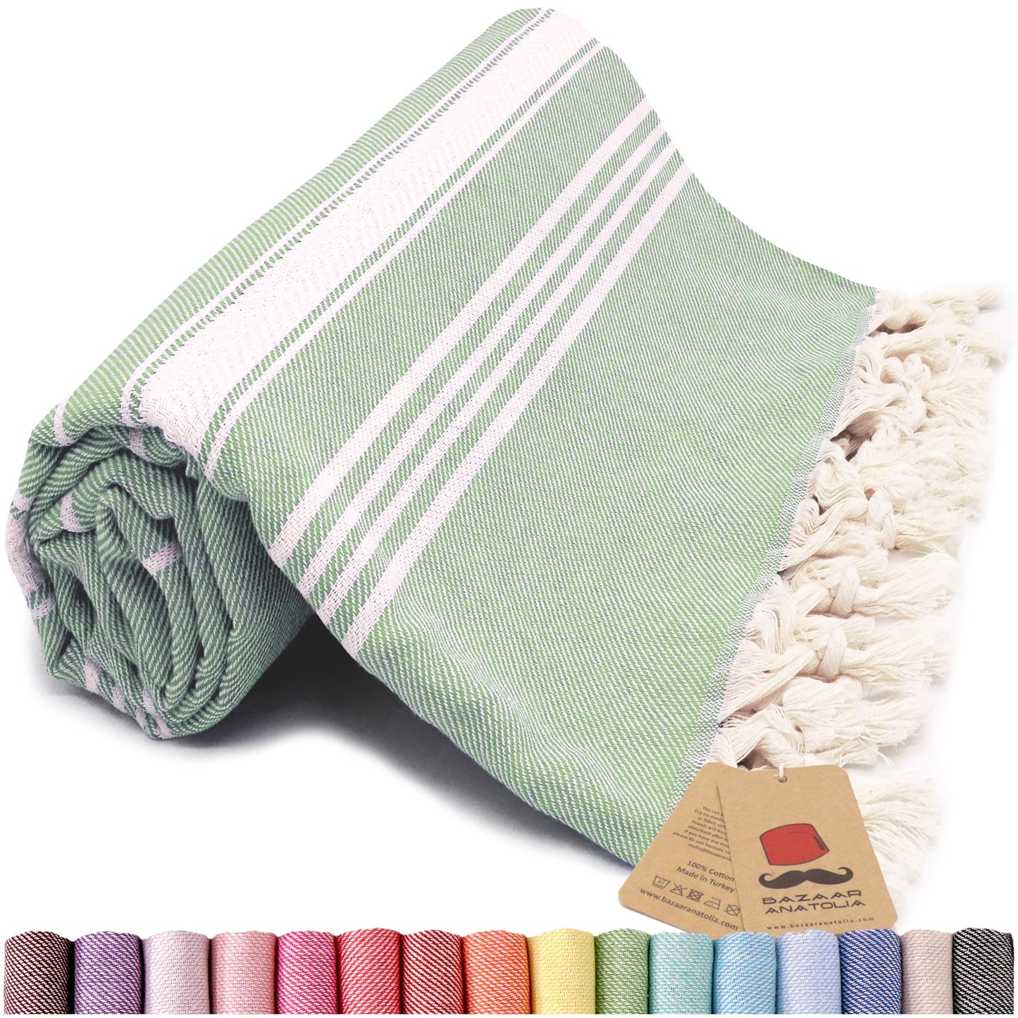 Bazaar Anatolia Turkish Beach Towel – 100% Cotton, Quick Dry, Sand Free Towel for Bathroom, Camping, Travel, Hot Pink – Oversized 71x39 Inches – Stripe Green