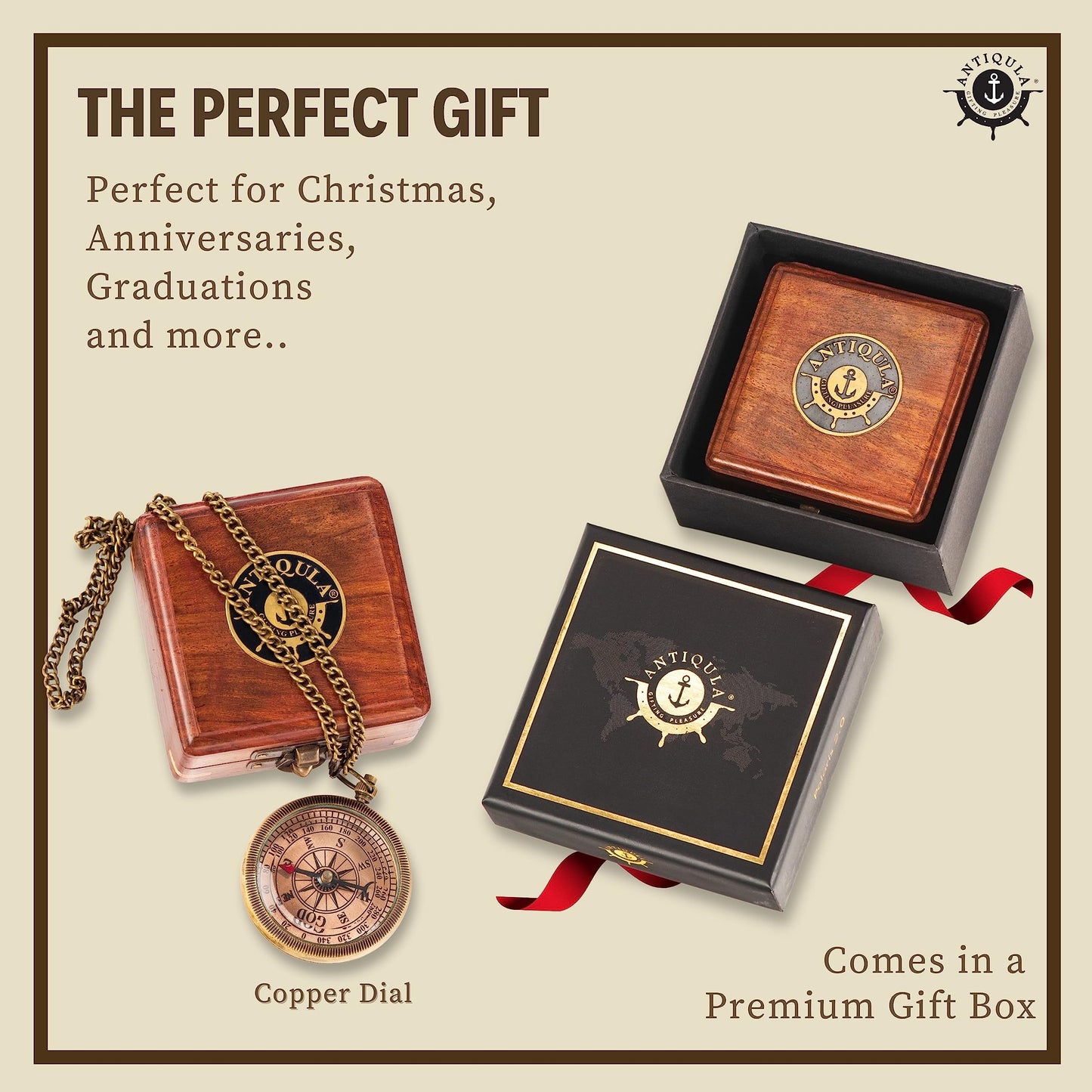 Antiqula Brass Compass with Wooden Box - Graduation Gifts, Pirate Accessories & Baptism Gift for Boys, Steampunk Travel Decor Compasses for Missionary, Inspirational and Sentimental Compass