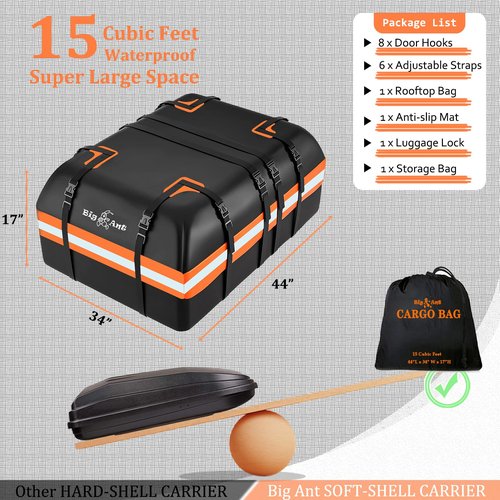 Big Ant Car Rooftop Cargo Carrier Bag, 15 Cubic Feet Waterproof Heavy Duty 840D Car Roof Bag for All Vehicle with/Without Rack - Includes Anti-Slip Mat, 8 Door Hooks, 2 Extra Straps, Luggage Lock