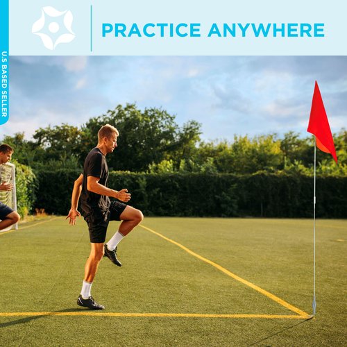 Get Out! Soccer Corner Flags Set of 4-60 Inch Training Agility Poles - Large 13 x 10 Inch Soccer Practice Flags - Spring Mounted Spike Anchored Corner Flag Poles for Outdoor Grass Fields