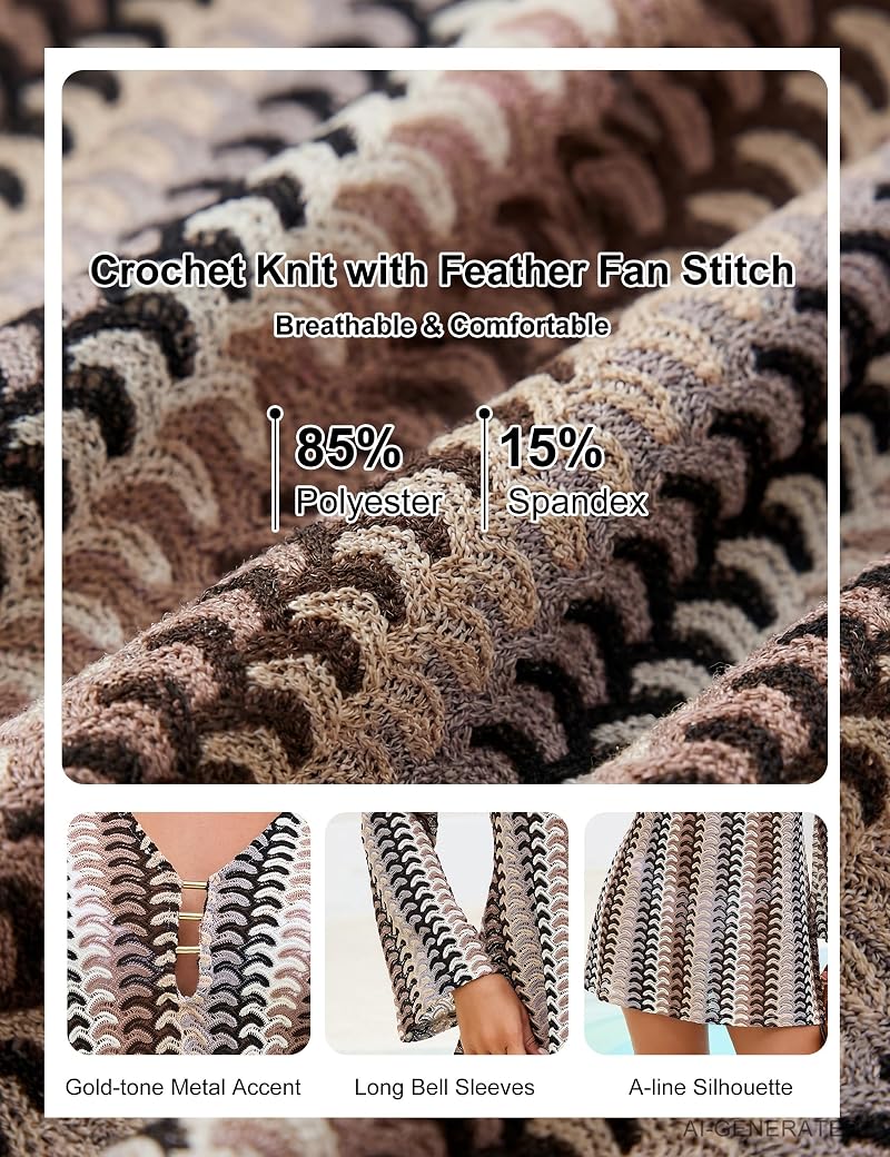 Boho Brown Medium Blooming Jelly Crochet Beach Cover Up - Hollow Out Swim Dress