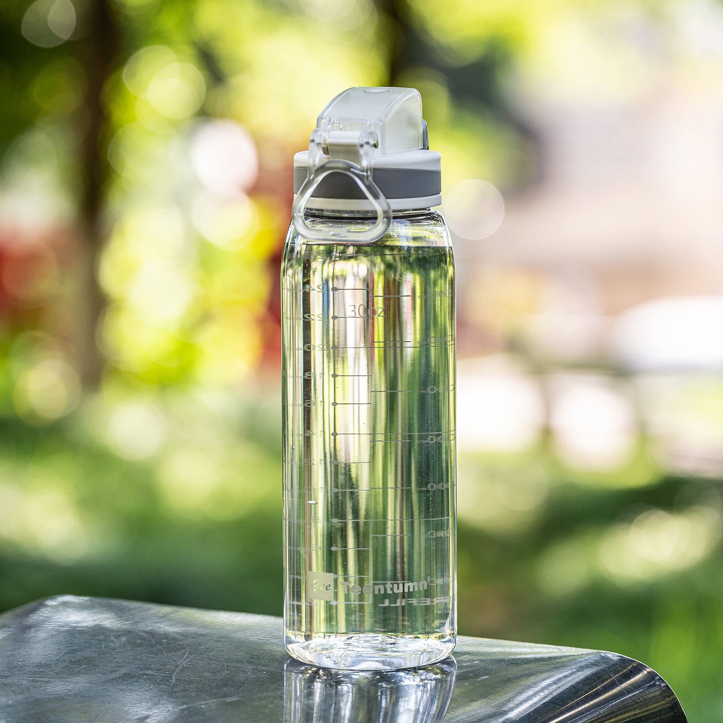 Teentumn 30oz Sport Water Bottle with Time Markers, Large Durable Gym Plastic Bottle Tritan BPA Free for Fitness, School, Outdoor Enthusiasts, Leakproof Clear (Pack of 1)