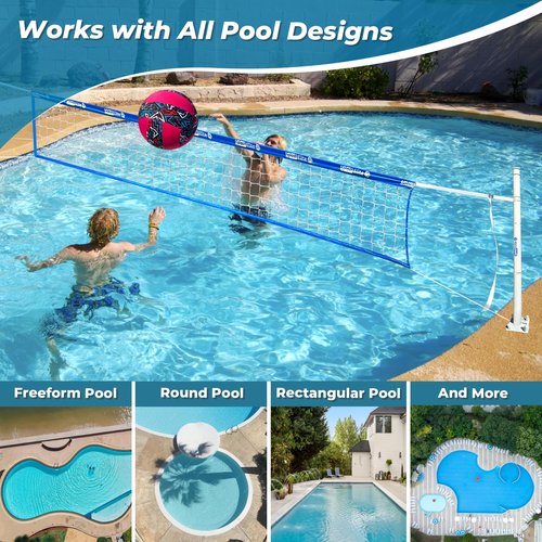 Fastoss Base Free Pool Volleyball Net Set - Deck Mounted for Inground Pools - Adjustable Heavy Duty Net with Rustproof Poles & Tear-Resistant Design - Includes 2 Waterproof Balls for Swimming Pools