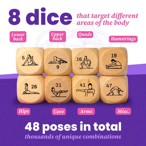 Zinsk 8-pc Wood Yoga Dice Set in Cardboard Storage Box – Creative Accessories and Yogi Gifts for Women – Create and Inspire Flows in Seconds – Increase Flexibility & Boost Mindfulness