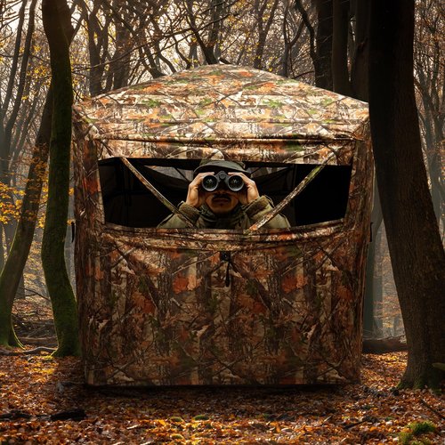 FUNHORUN Hunting Blind 360 Degree See Through Ground Blind，2/3 Person Soft Material Pop-Up Camouflage Tent，Easy-Fold Portable Concealed Shelter with Carrying Bag