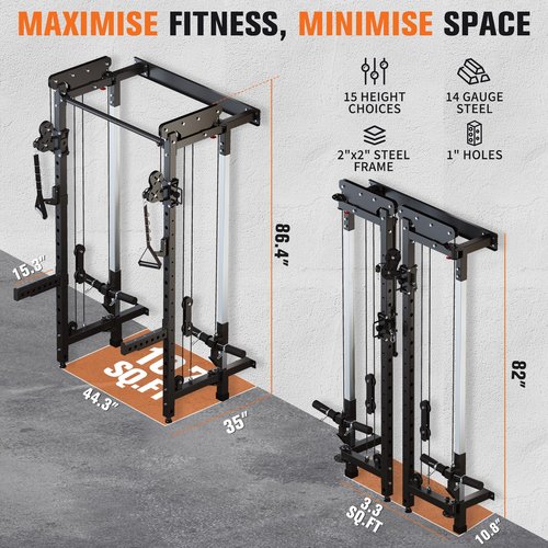 FiitDavz Folding Squat Rack - Wall Mounted Power Rack Cage with Cable Crossover Machine & LAT Pull Down - Functional Home Gym Trainer with 5 Adjustable Modes - with Safety Arm and Dips Attachment