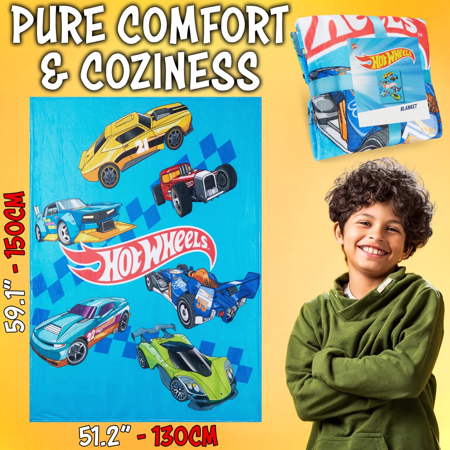 Get Trend Hot Wheels Fleece Throw Blanket, Soft Cozy 59 x 51 Inch, Lightweight, Fluffy Bedding Couch Bed Sofa Decor, Gifts for Kids (Multi Hot Wheels)