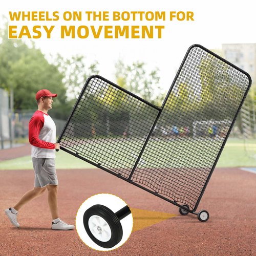 Shopsource Baseball L Screen with Wheels for Batting Cage, 7x7ft Pitcher Protector Net for Pitchers Protection, Includes Pitchers Glove,Training Ball, Portable Carry Bag