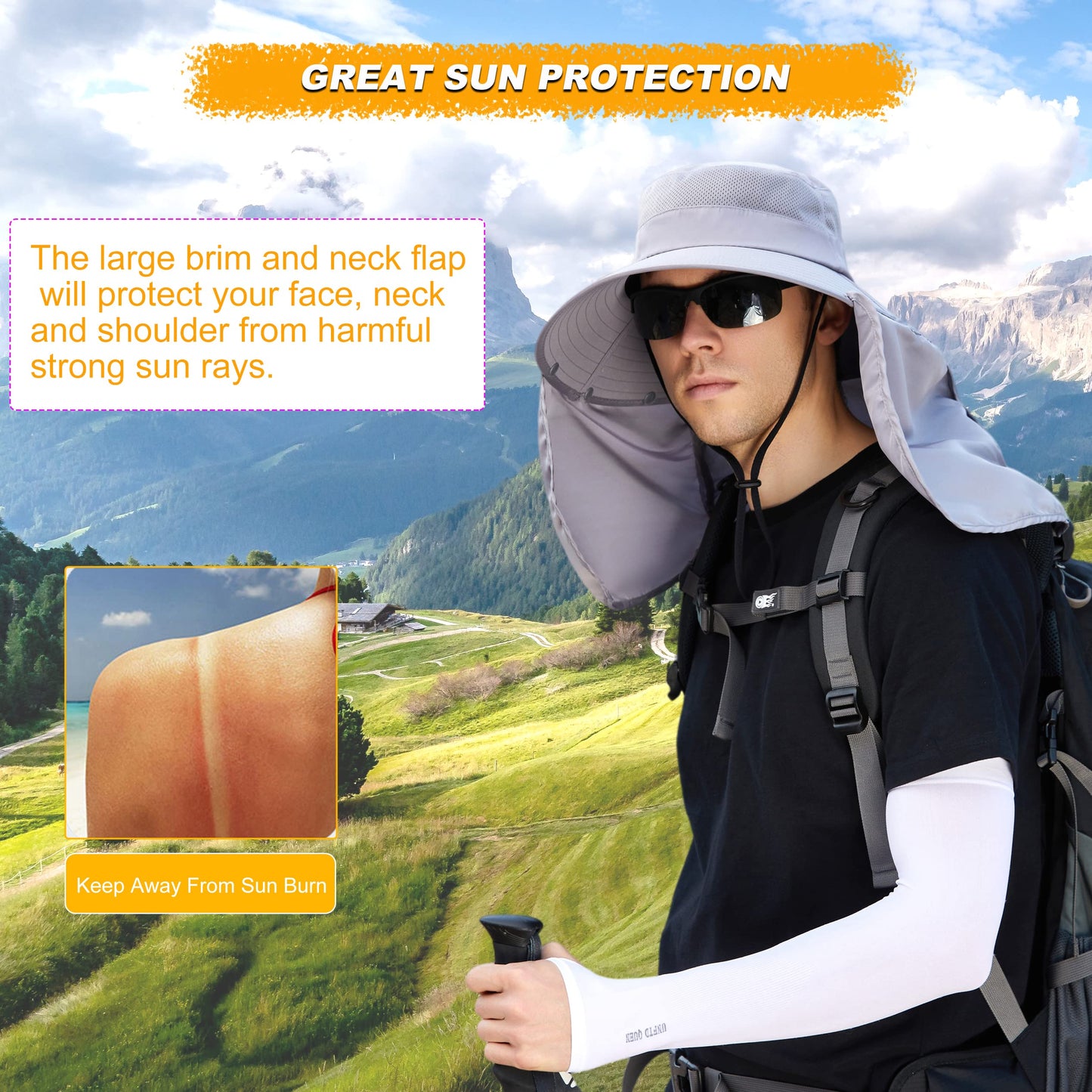 Outdoor Sun Hat for Men with Detachable Neck Flap Cover, Women UV Protection Wide Brim Hats for Safari Fishing Hiking Gardening Bg9215-lightgray