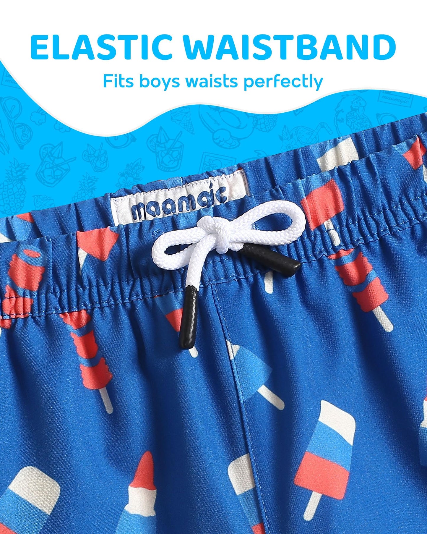 maamgic Boys Swim Trunks with Compression Liner Toddler Boy Swimsuit Quick Dry 4-Way Stretch Swimming Trunks Ice Cream Ocean Blue 14-16 Years
